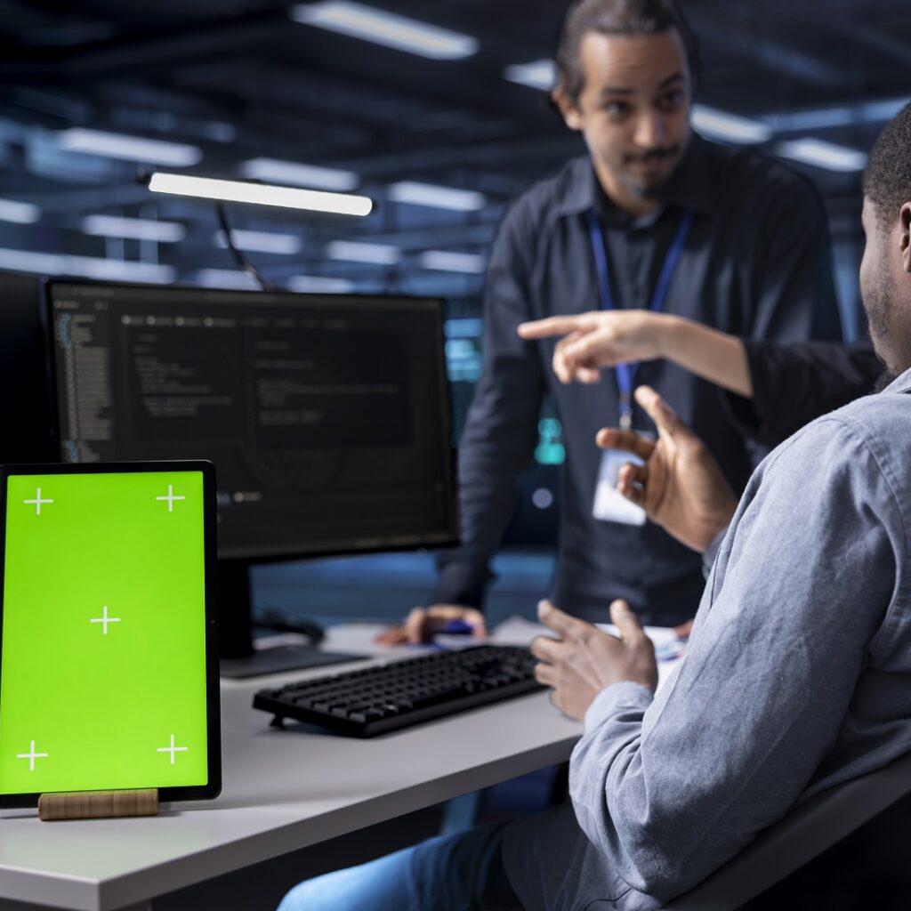 multiethnic team using green screen tablet to oversee servers