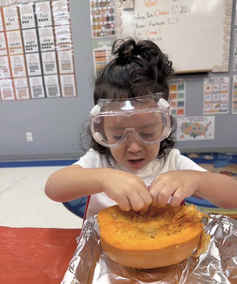 A child exploring the inside of a pumpkin during a science activity