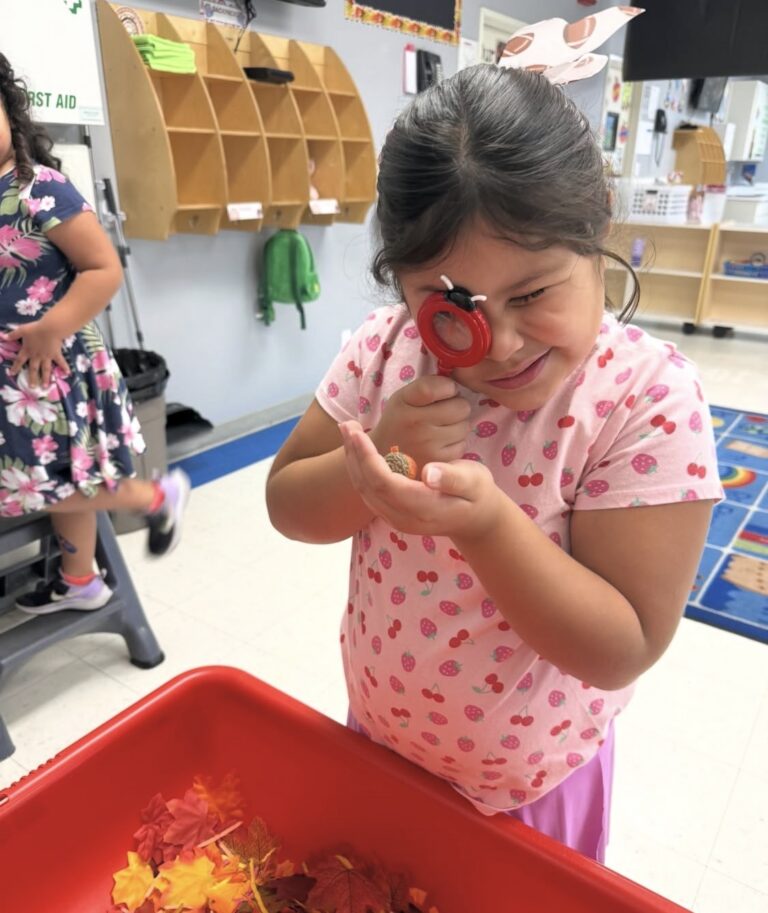 A child examining a natural object with a magnifying glass